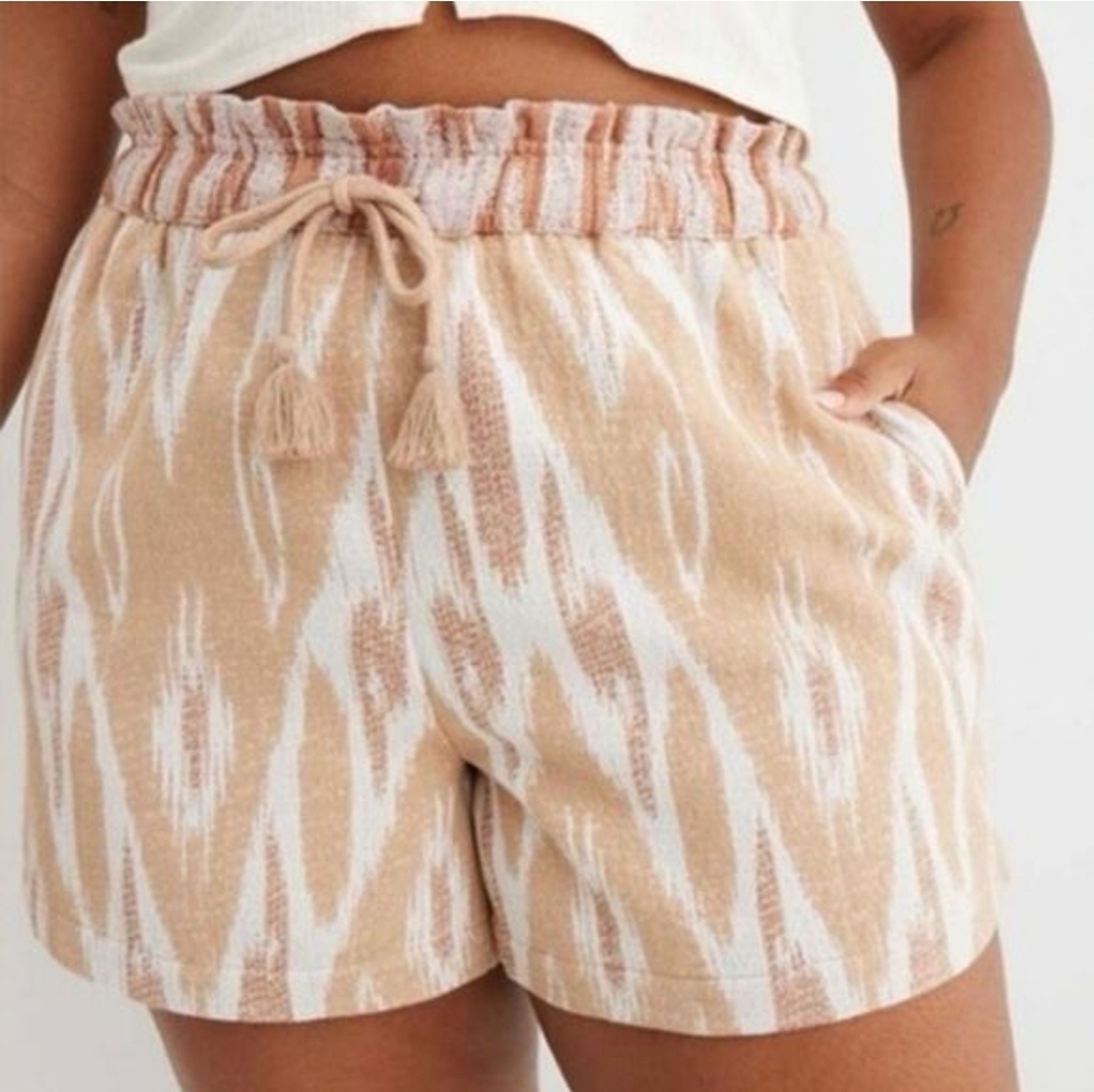 aerie High Waist Ikat-Print Shorts in Beige & White Cotton Vacay Boho Beach Lg. - Picture 1 of 9